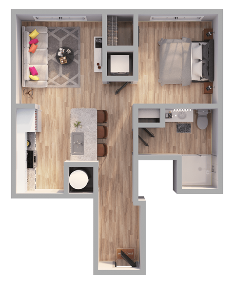 Floor plan for studio, 1 bath, 604 sqft